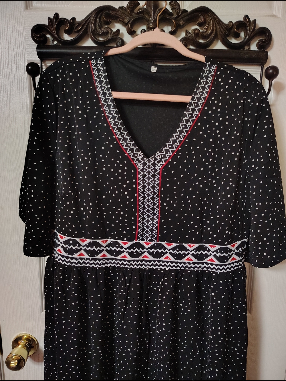 Black Polka Dot Maxi Dress with Geometric Trim